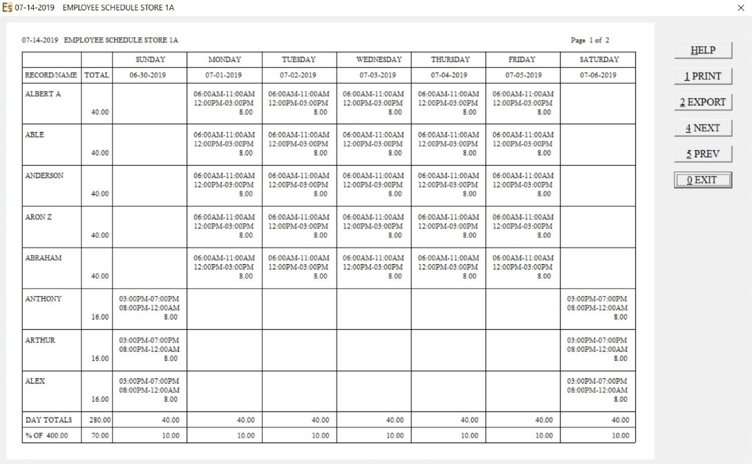 Employee Schedule Print Preview